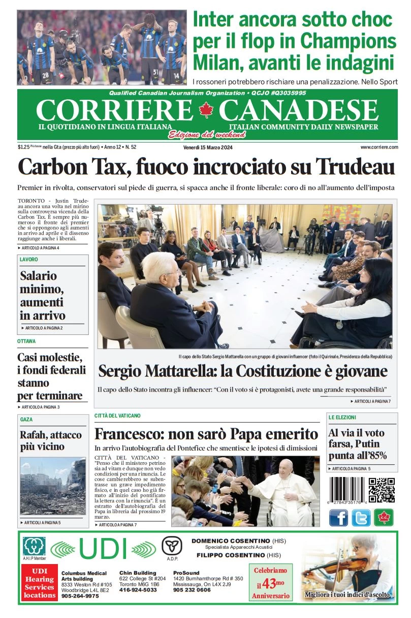 prima pagina - Corriere Canadese del 15/03/2024