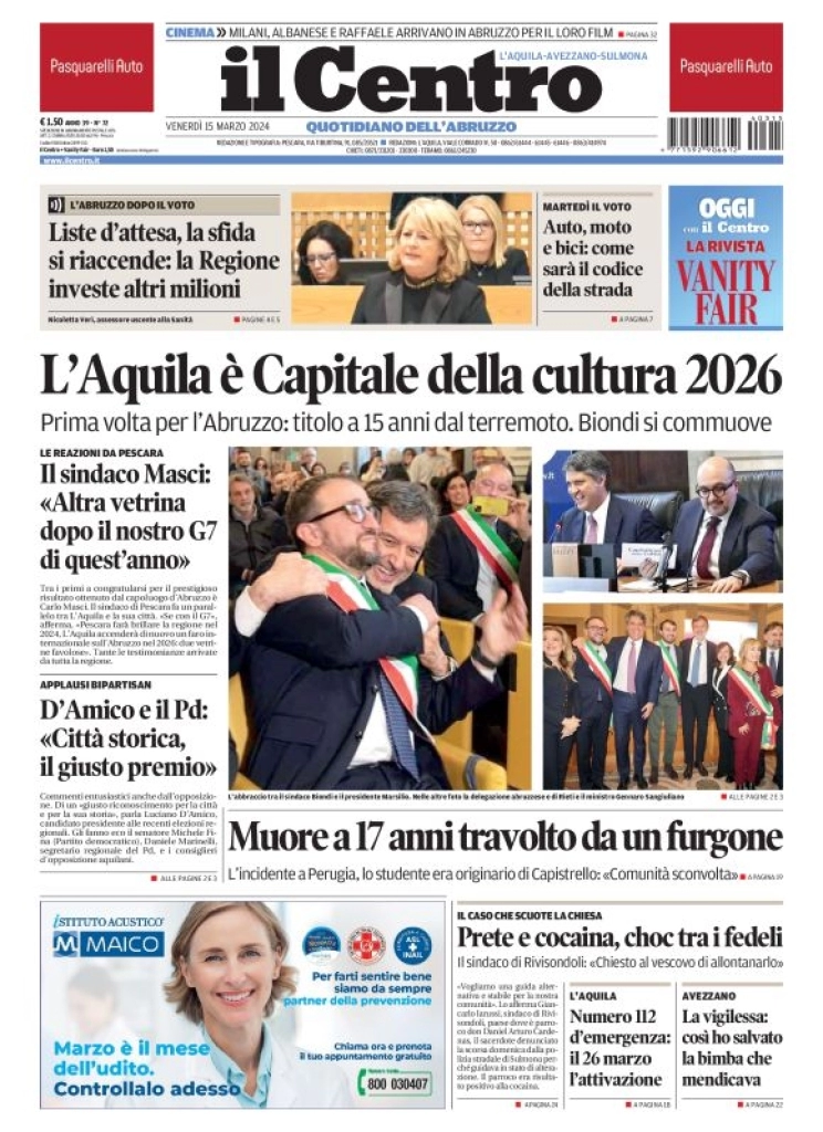prima pagina - Il Centro (L'Aquila) del 15/03/2024