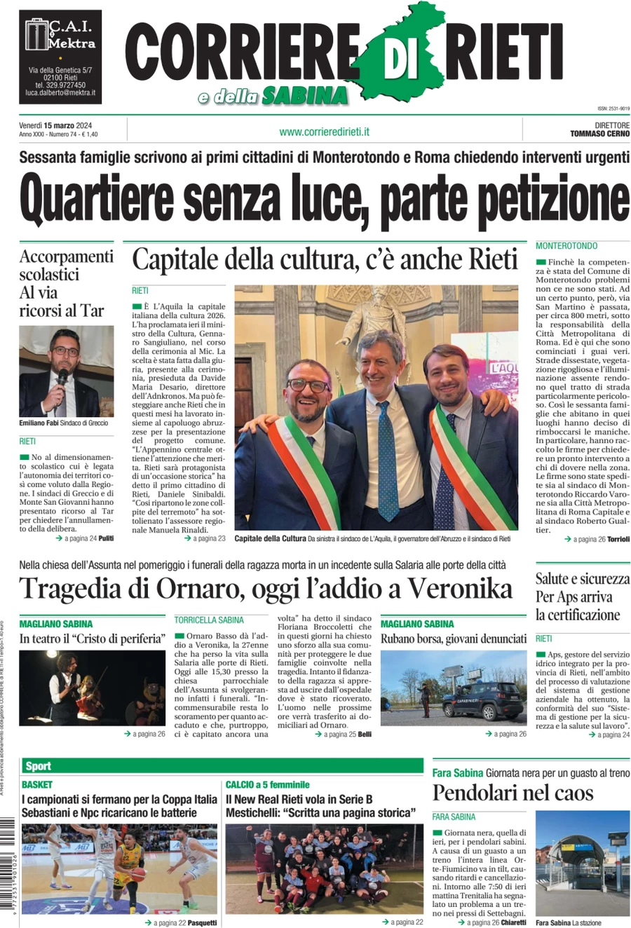 anteprima della prima pagina di corriere-di-rieti-e-della-sabina del 15/03/2024