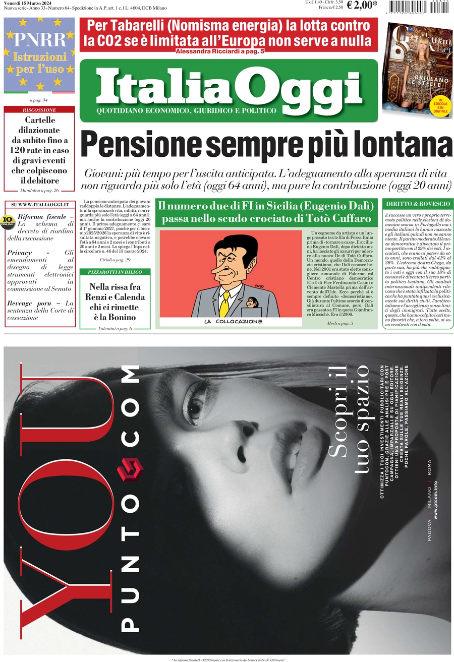 prima pagina - ItaliaOggi del 15/03/2024