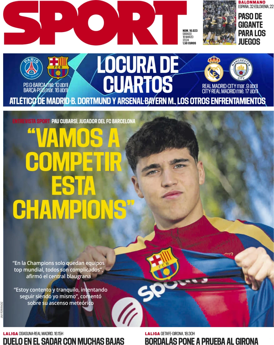 anteprima della prima pagina di sport-barcelona del 16/03/2024
