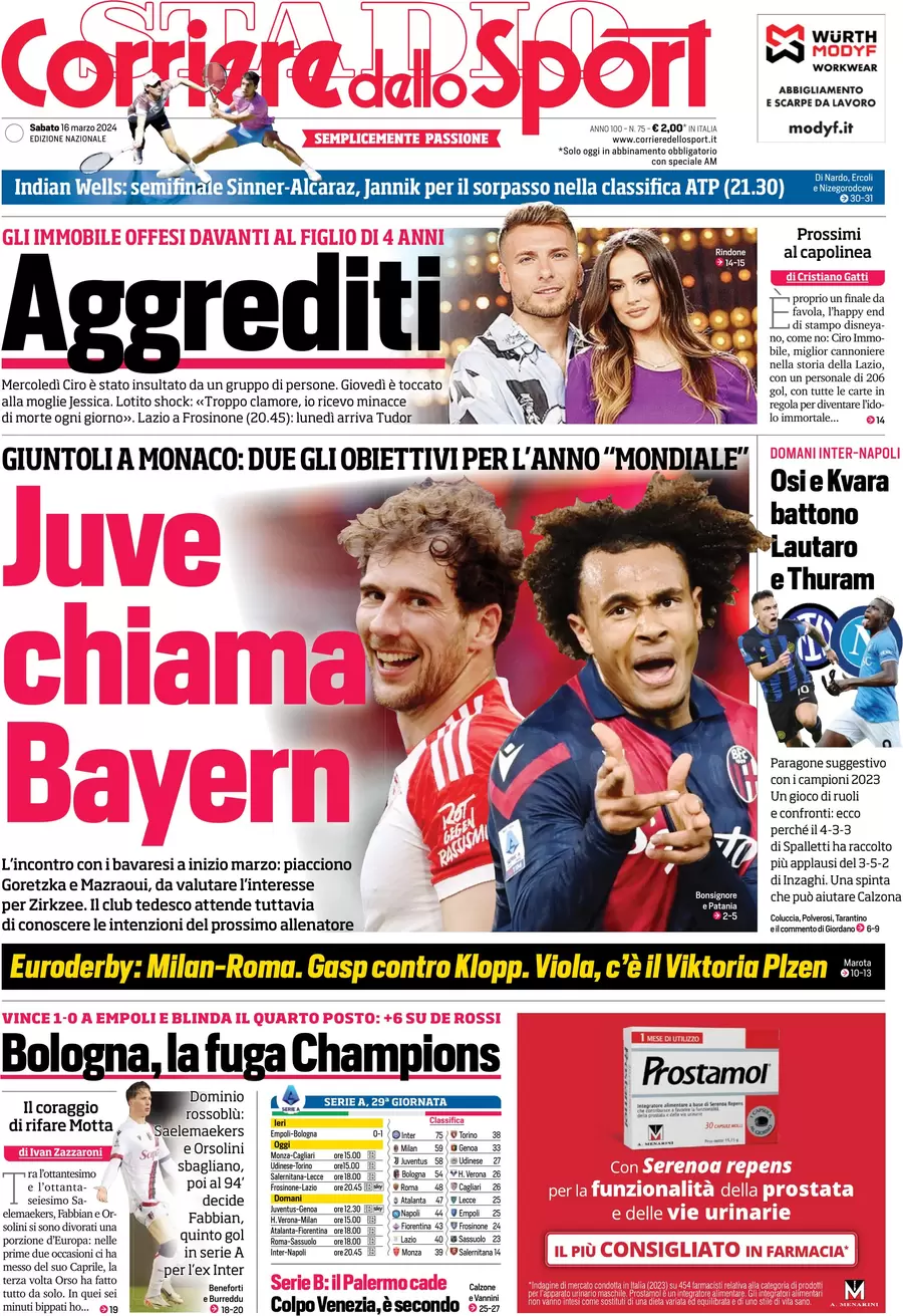 prima pagina - Corriere dello Sport del 16/03/2024