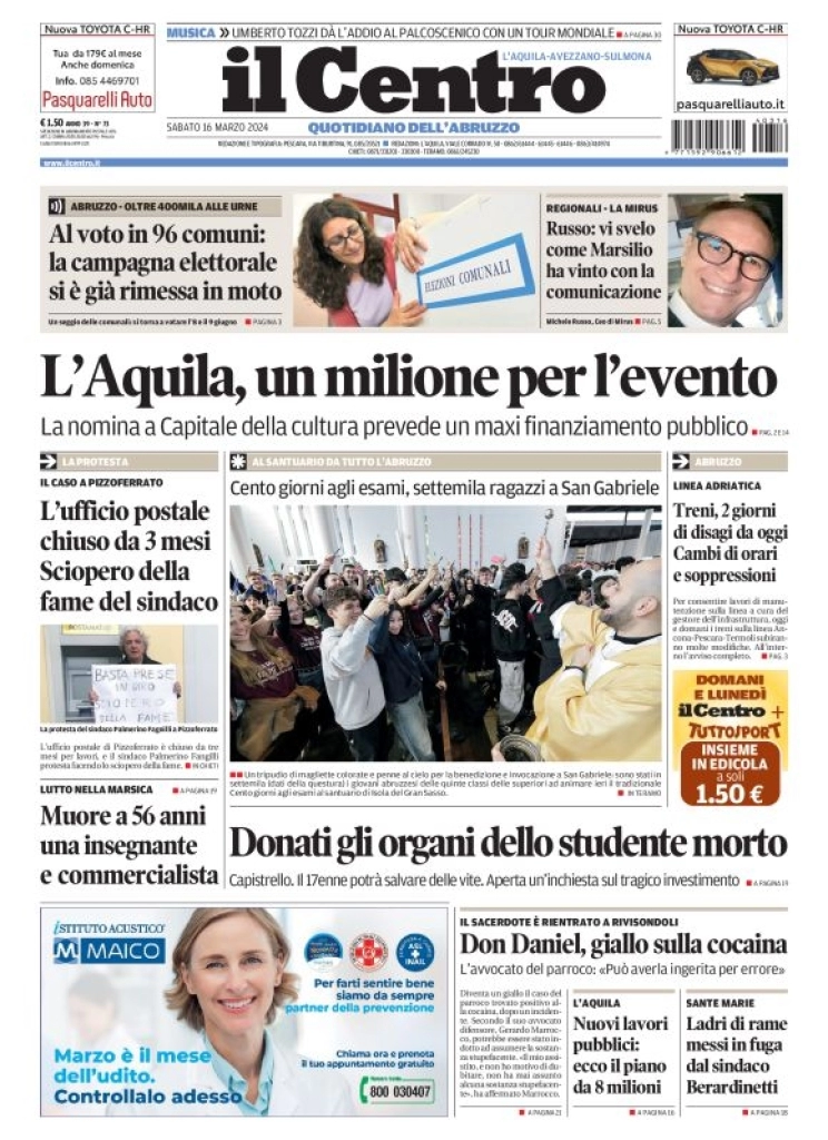prima pagina - Il Centro (L'Aquila) del 16/03/2024