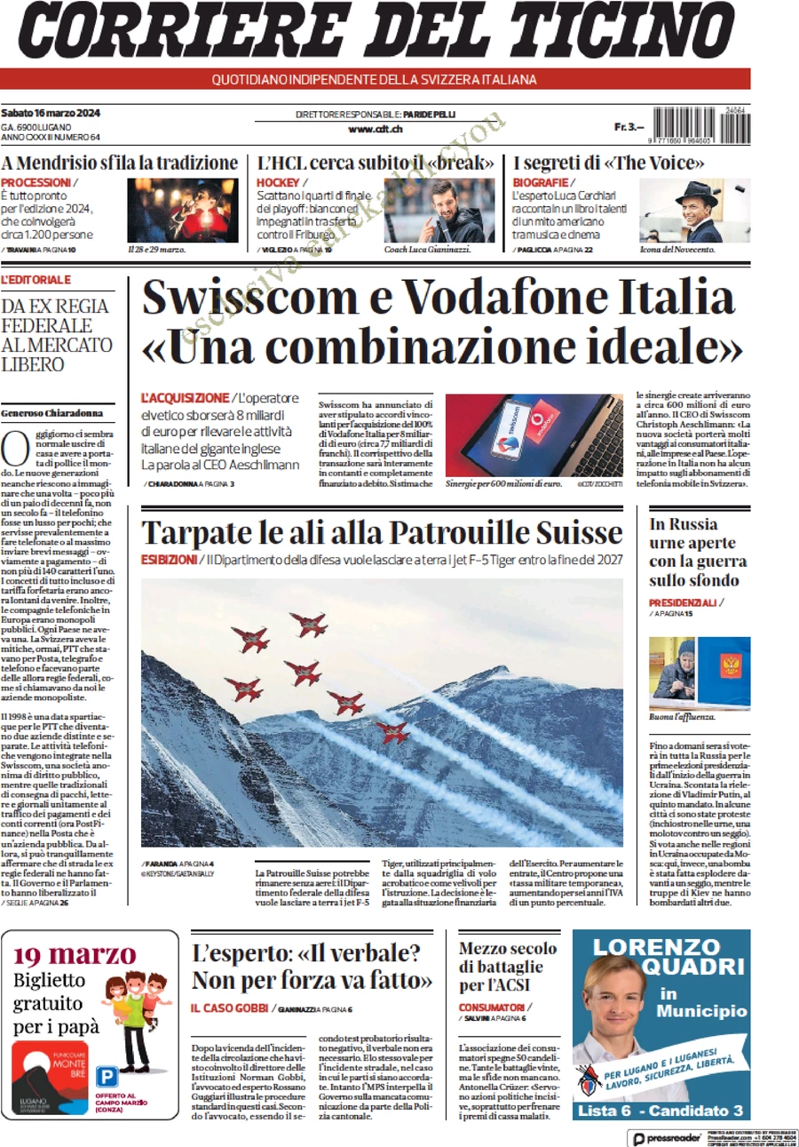 prima pagina - Corriere del Ticino del 16/03/2024