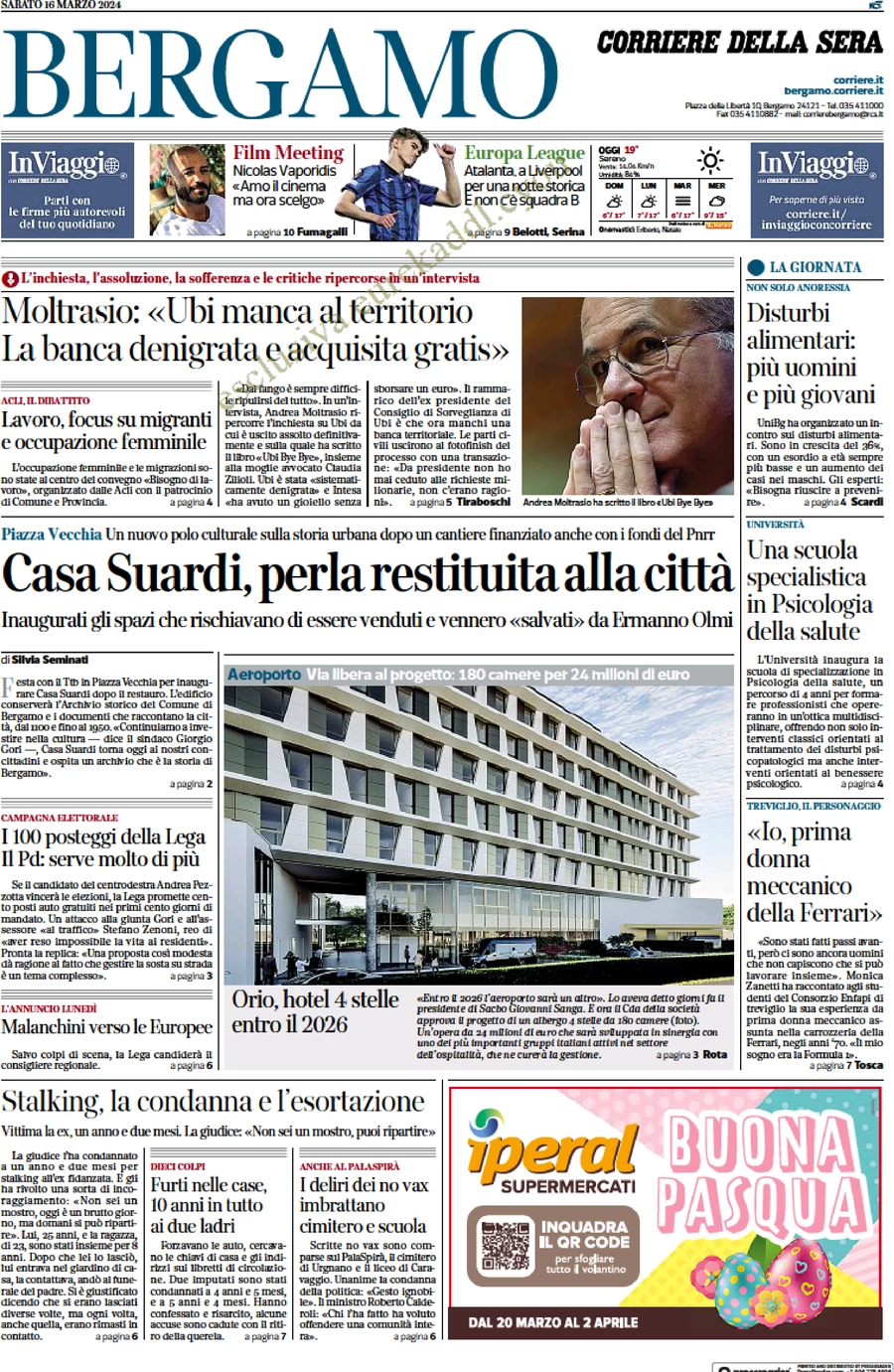 anteprima della prima pagina di corriere-della-sera-bergamo del 16/03/2024
