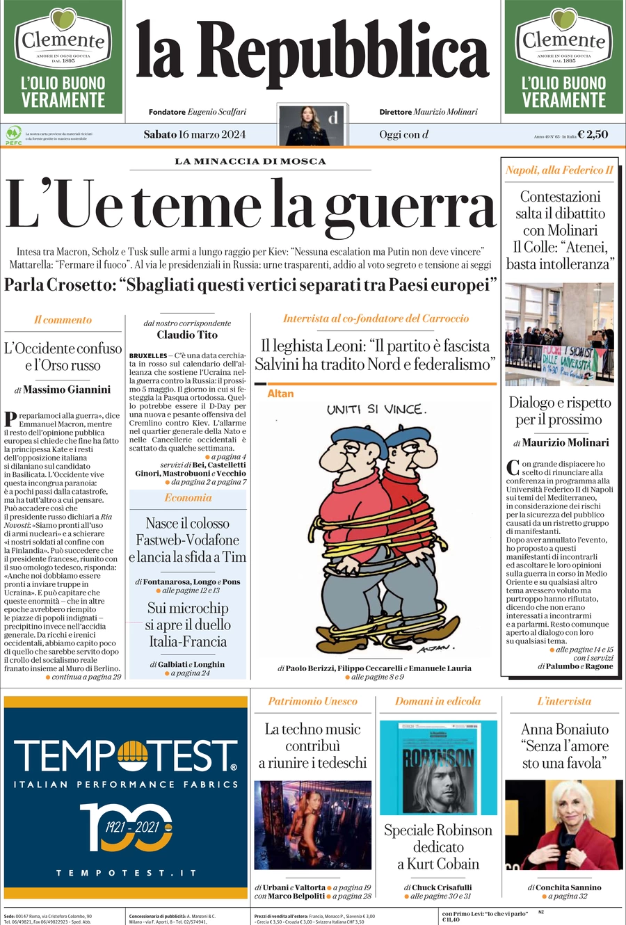 prima pagina - La Repubblica del 16/03/2024