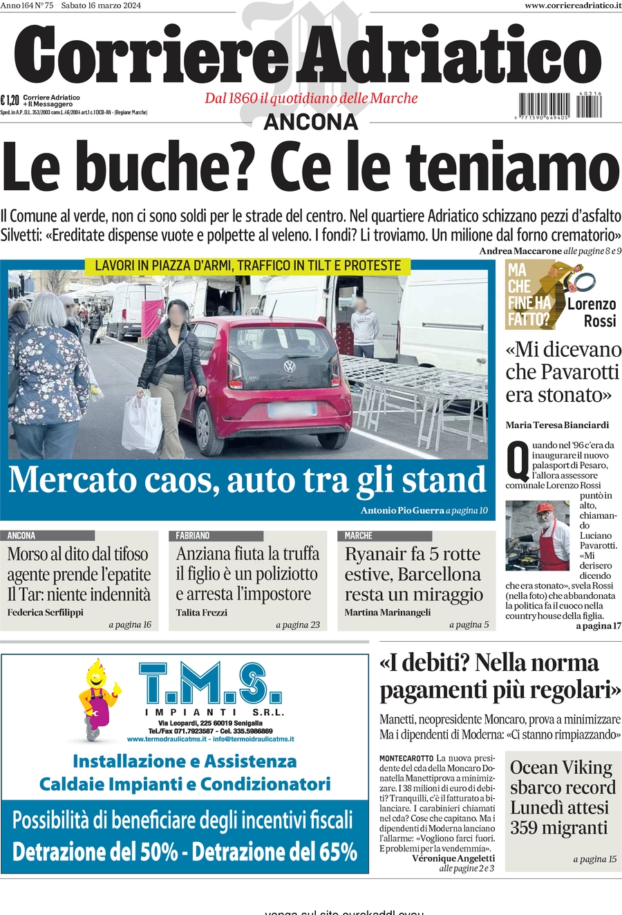 anteprima della prima pagina di corriere-adriatico-ancona del 16/03/2024