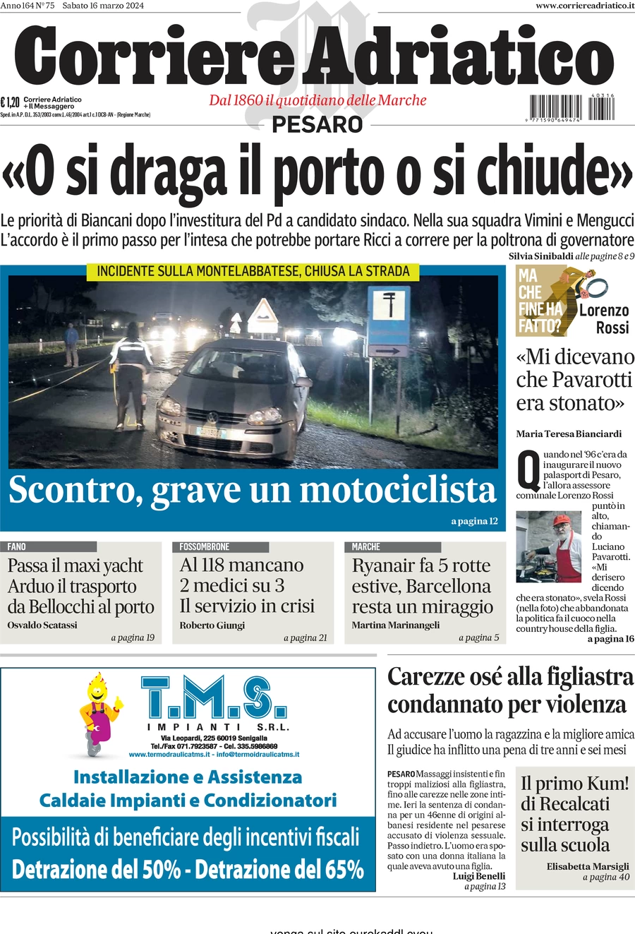 anteprima della prima pagina di corriere-adriatico-pesaro del 16/03/2024