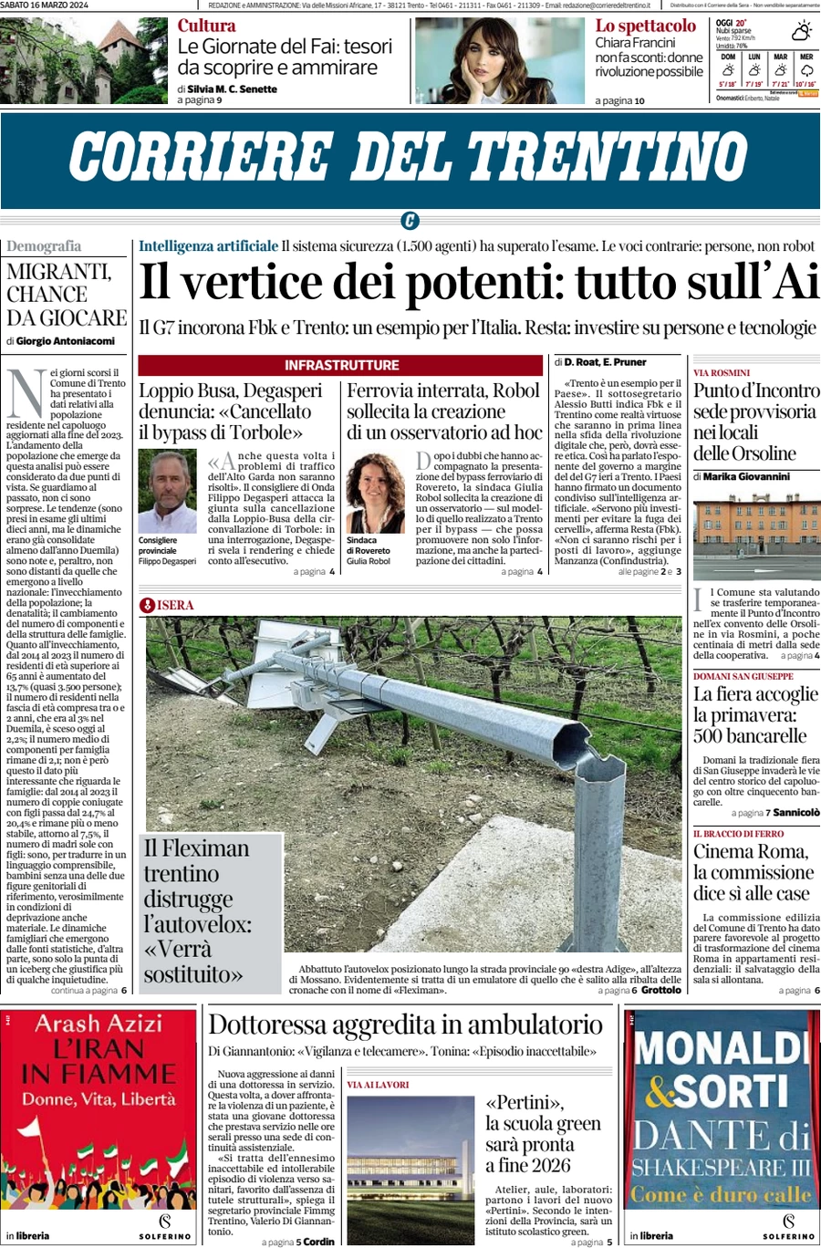 anteprima della prima pagina di corriere-del-trentino del 16/03/2024