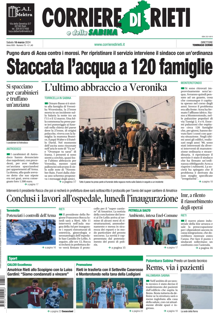 anteprima della prima pagina di corriere-di-rieti-e-della-sabina del 16/03/2024