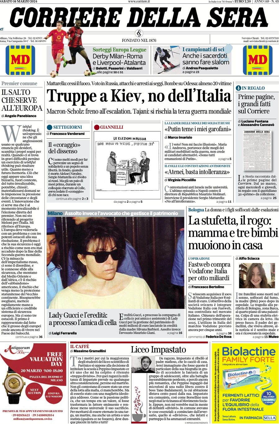 prima pagina - Corriere della Sera del 16/03/2024