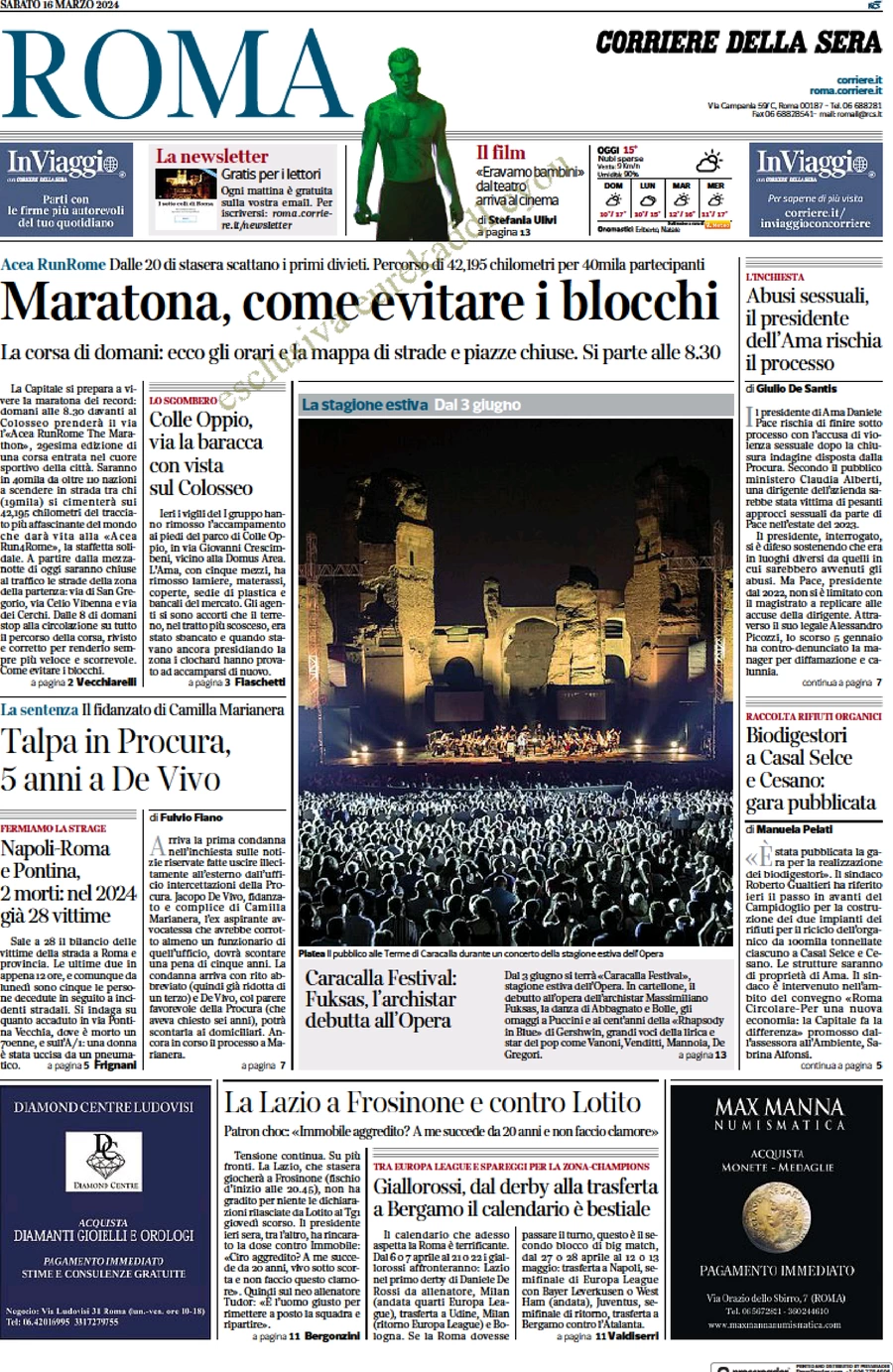anteprima della prima pagina di corriere-della-sera-roma del 16/03/2024