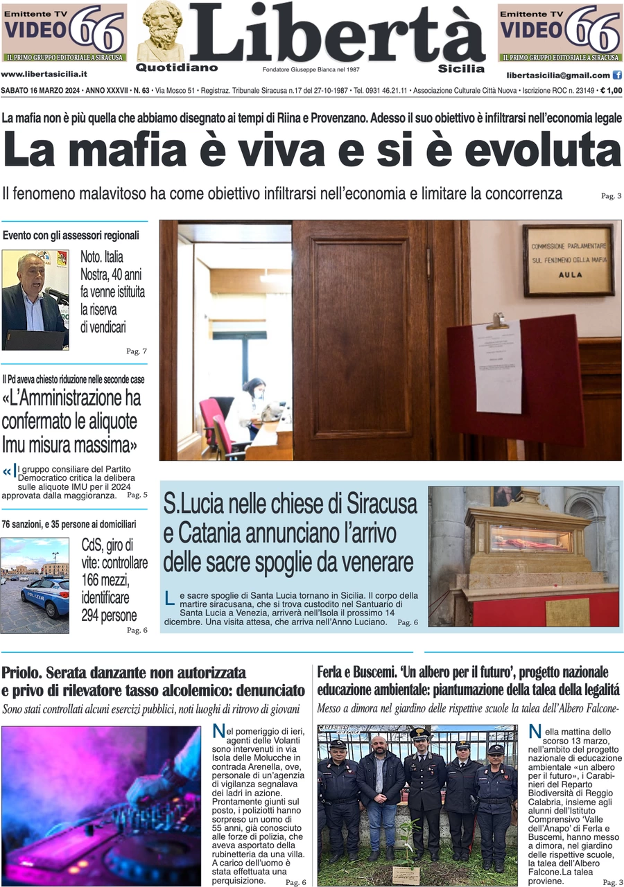 anteprima della prima pagina di libert-sicilia del 16/03/2024