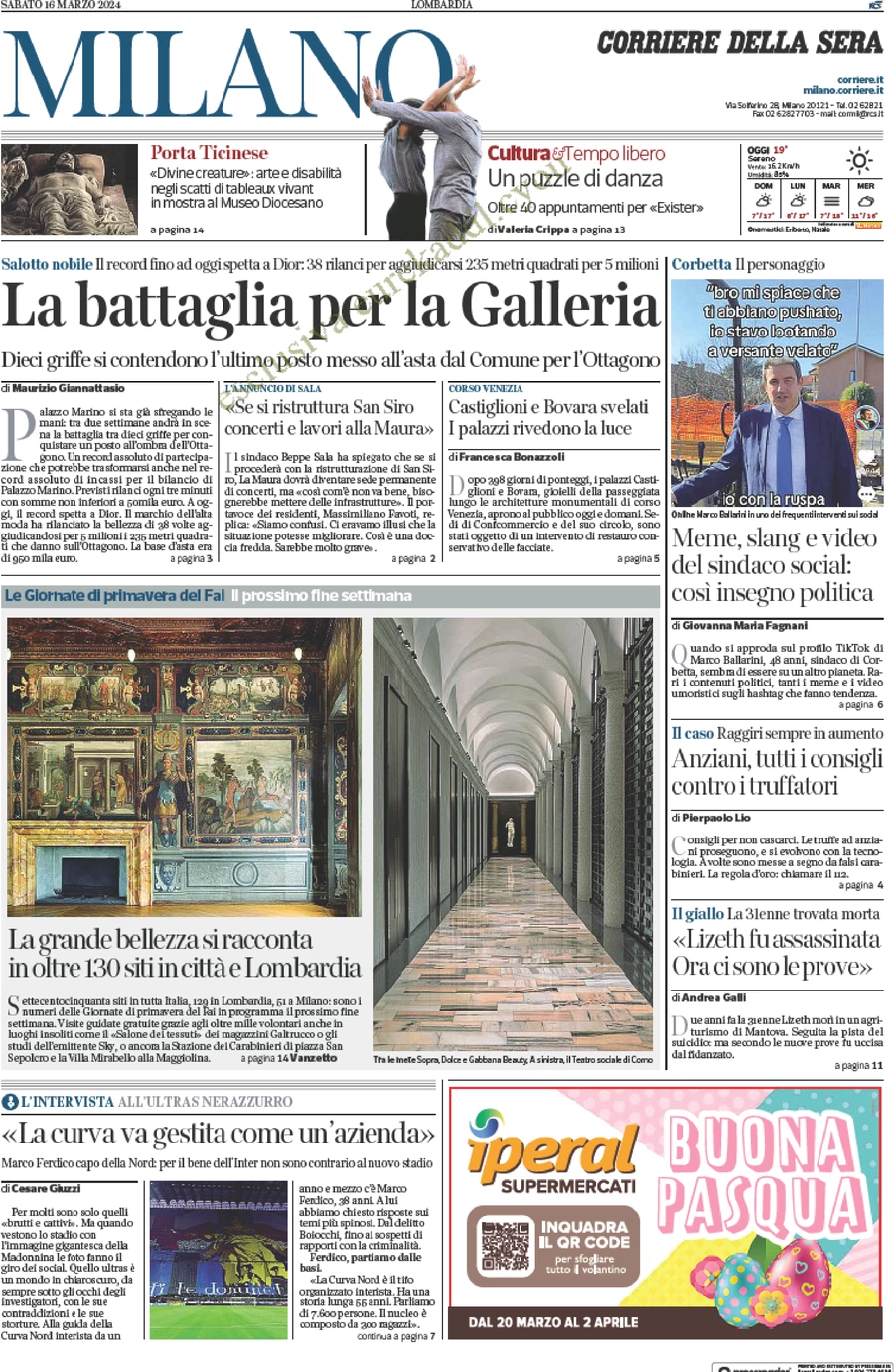 anteprima della prima pagina di corriere-della-sera-milano del 16/03/2024