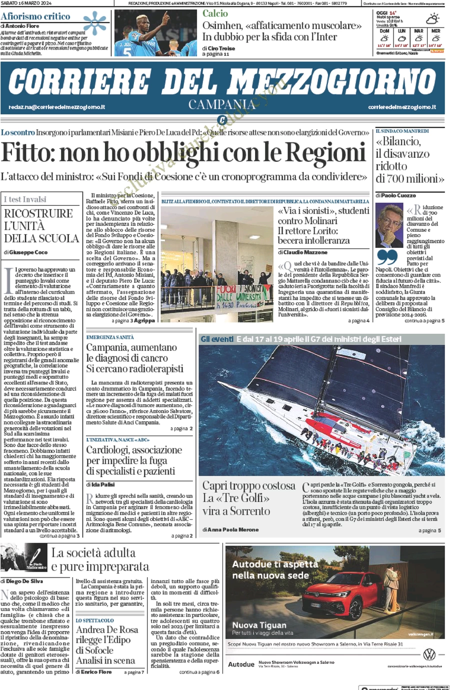 anteprima della prima pagina di corriere-del-mezzogiorno-campania del 16/03/2024