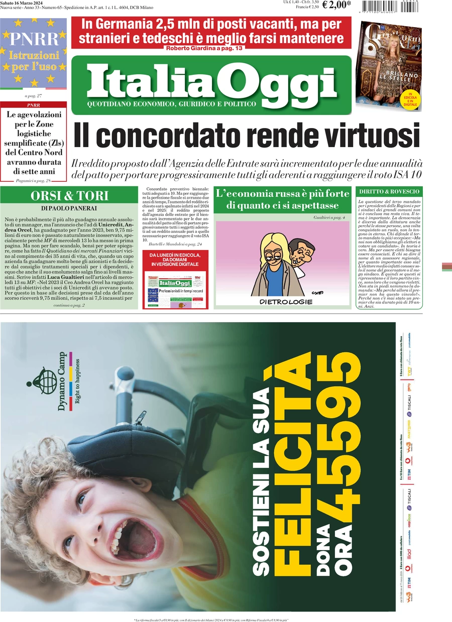 prima pagina - ItaliaOggi del 16/03/2024