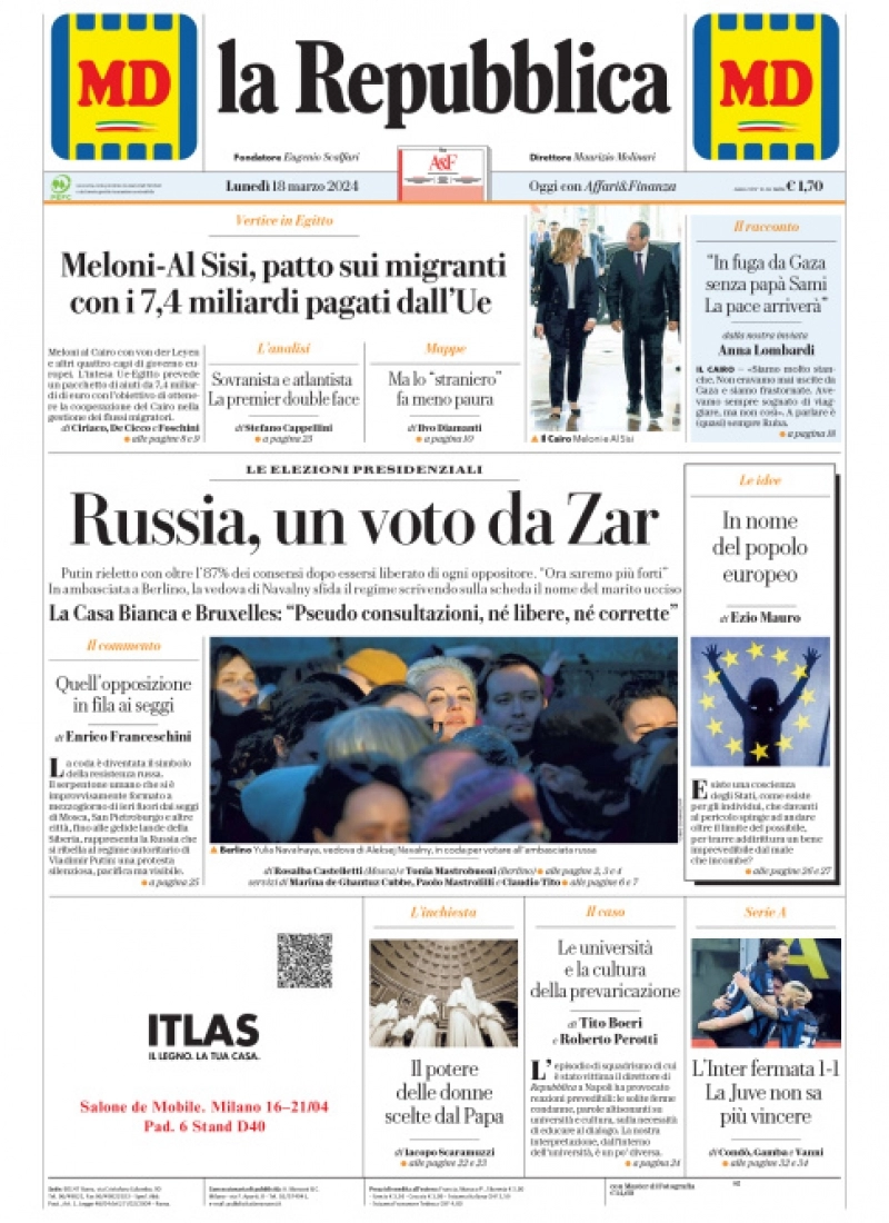 prima pagina - La Repubblica del 17/03/2024