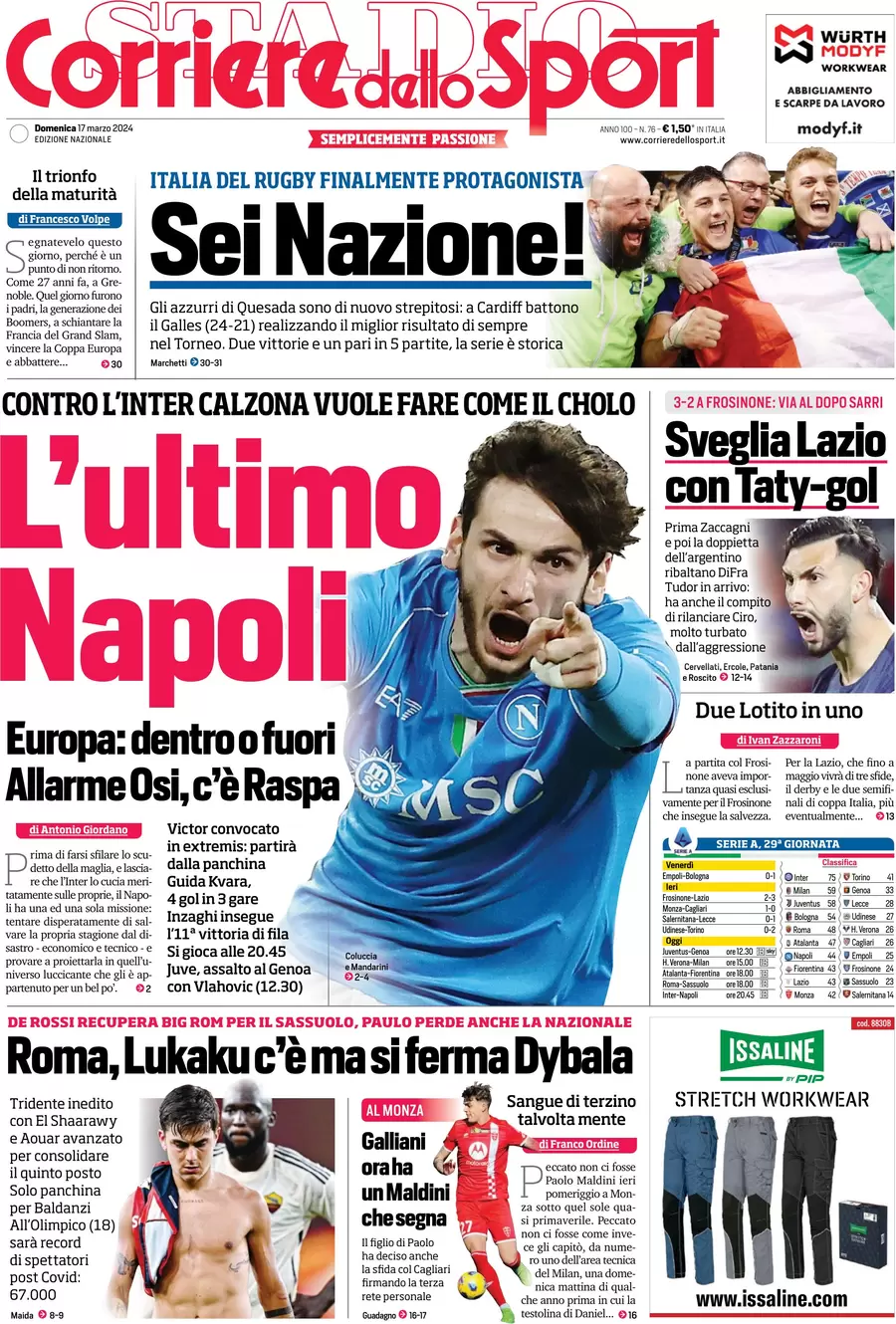 prima pagina - Corriere dello Sport del 17/03/2024