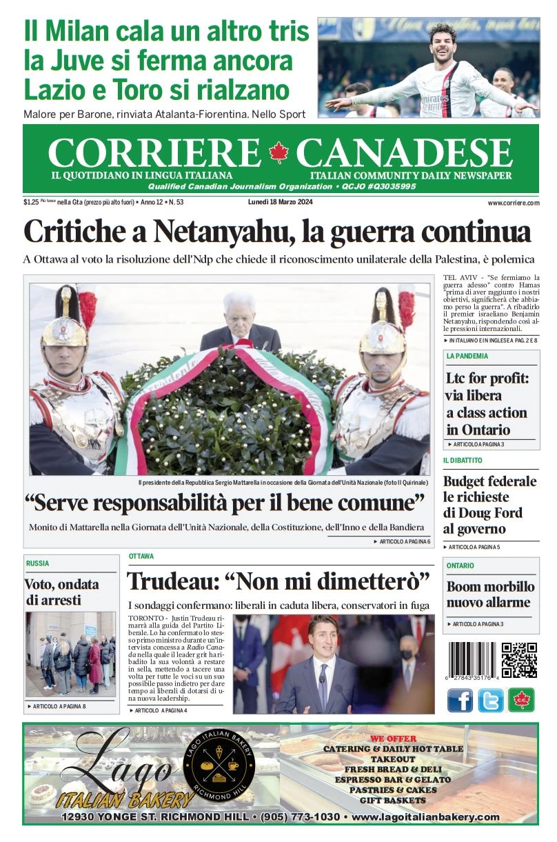 prima pagina - Corriere Canadese del 17/03/2024