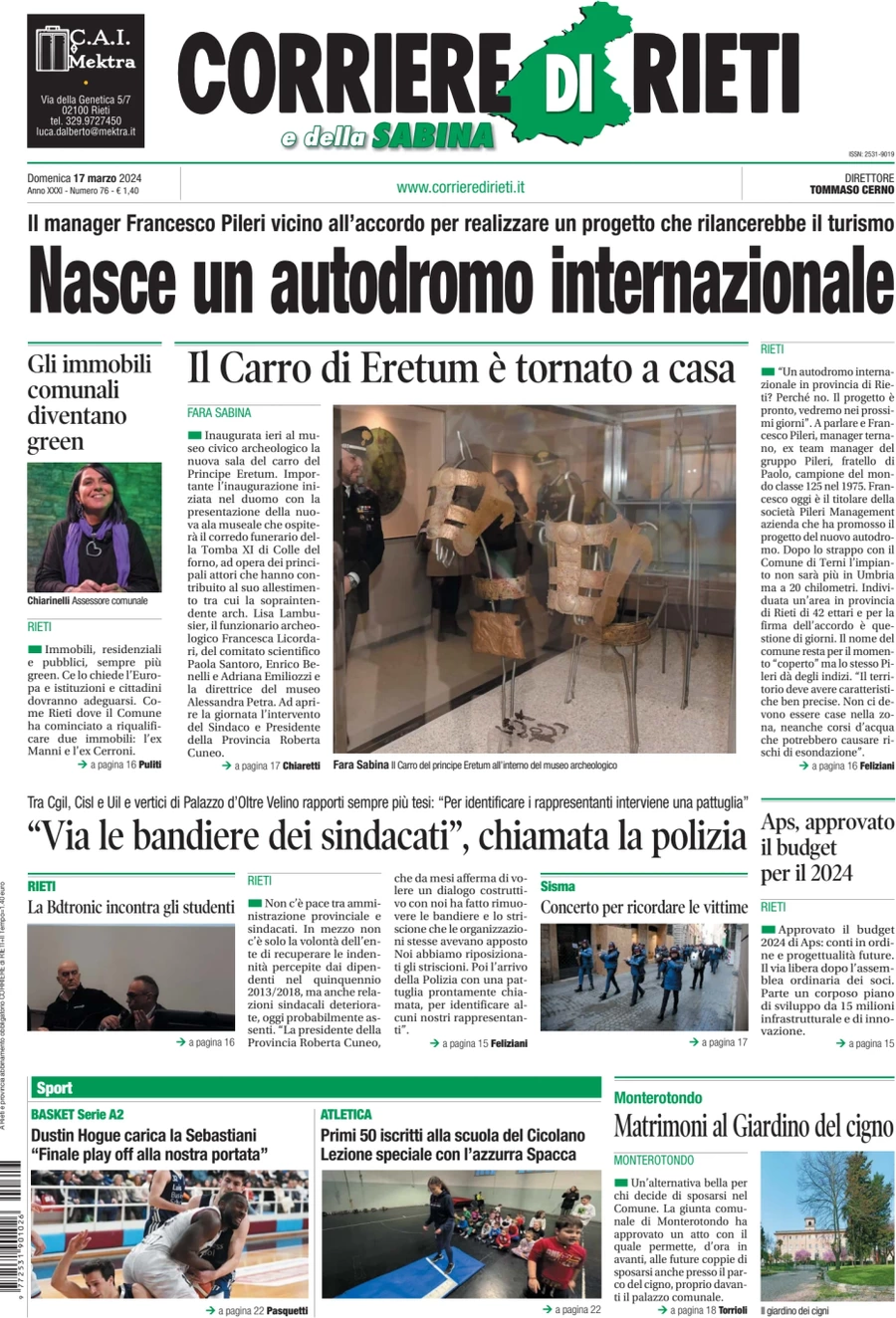 anteprima della prima pagina di corriere-di-rieti-e-della-sabina del 17/03/2024