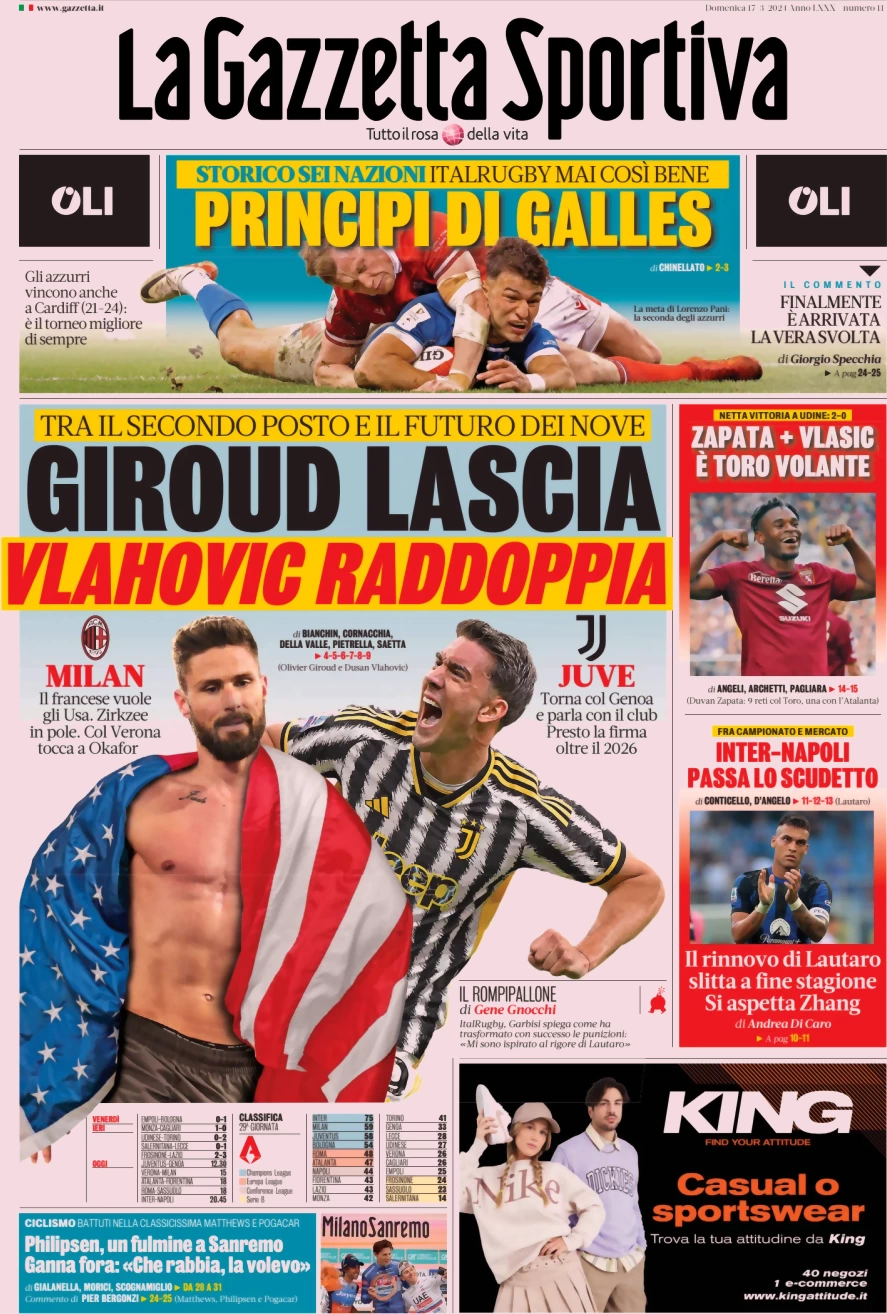 prima pagina - La Gazzetta dello Sport del 17/03/2024