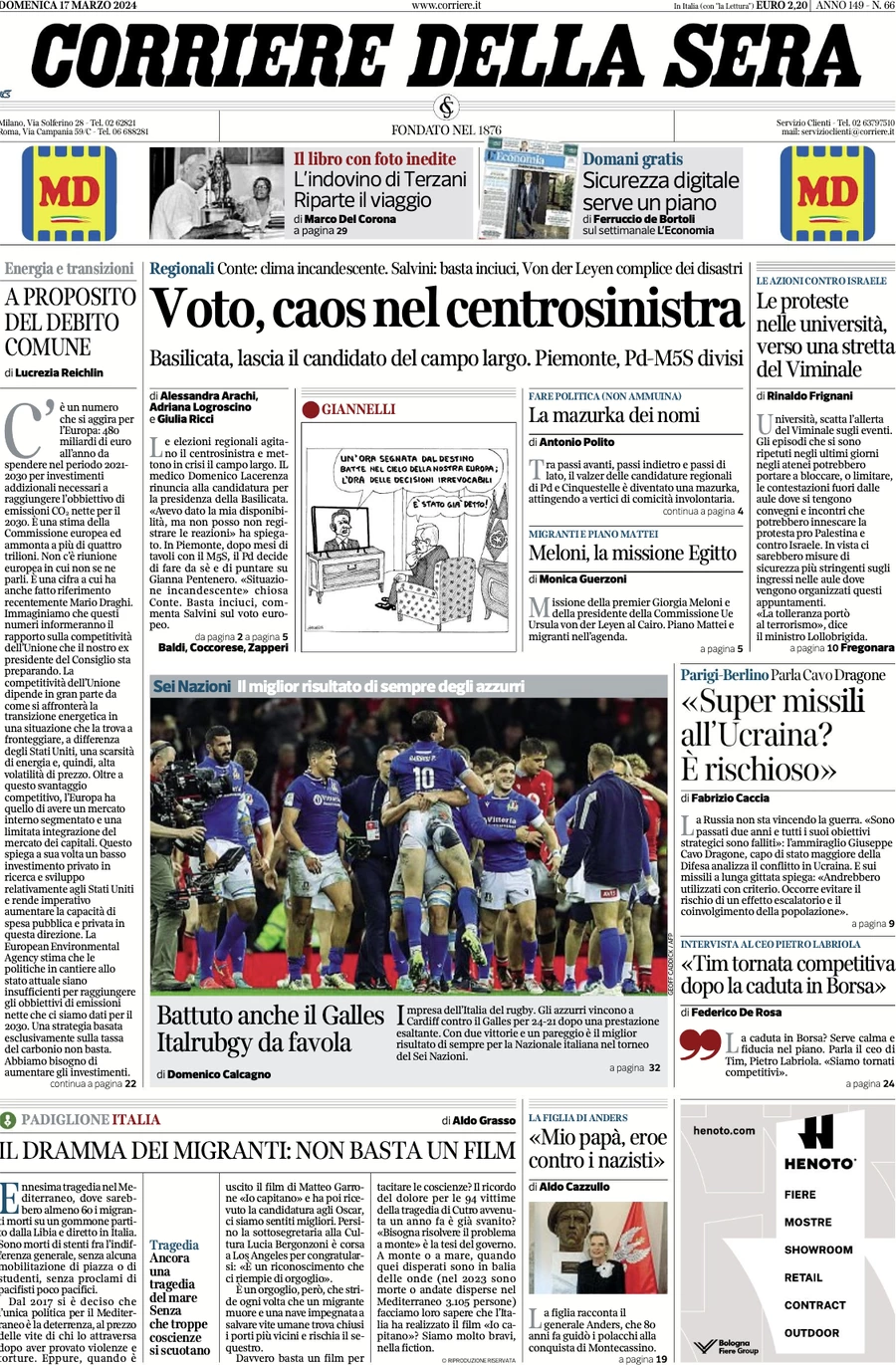 prima pagina - Corriere della Sera del 17/03/2024