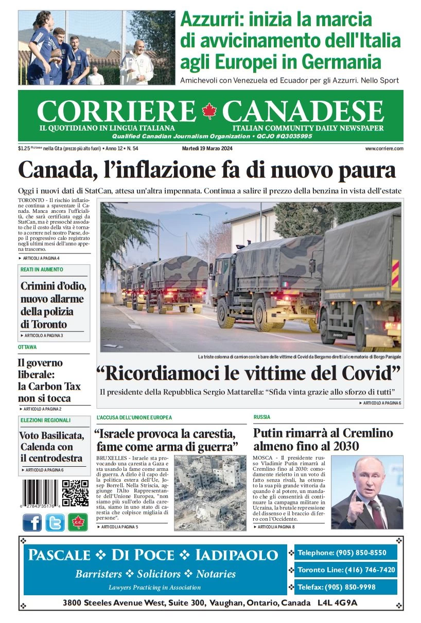 prima pagina - Corriere Canadese del 18/03/2024