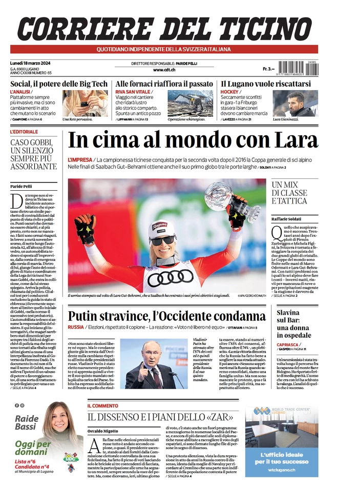 prima pagina - Corriere del Ticino del 18/03/2024