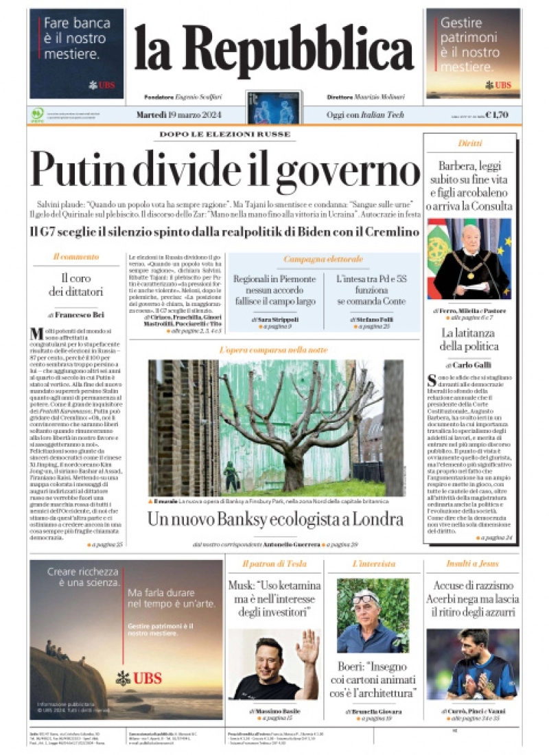 prima pagina - La Repubblica del 18/03/2024