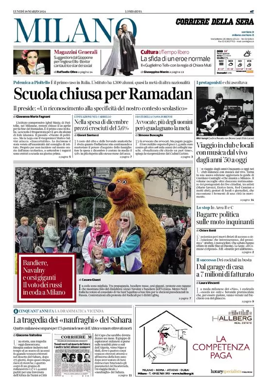 anteprima della prima pagina di corriere-della-sera-milano del 18/03/2024