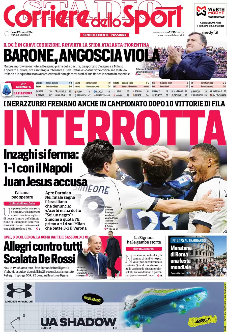 prima pagina - Corriere dello Sport del 18/03/2024