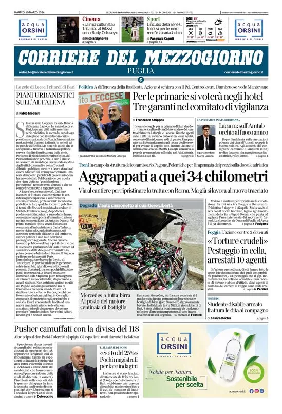 anteprima della prima pagina di corriere-del-mezzogiorno-puglia del 19/03/2024