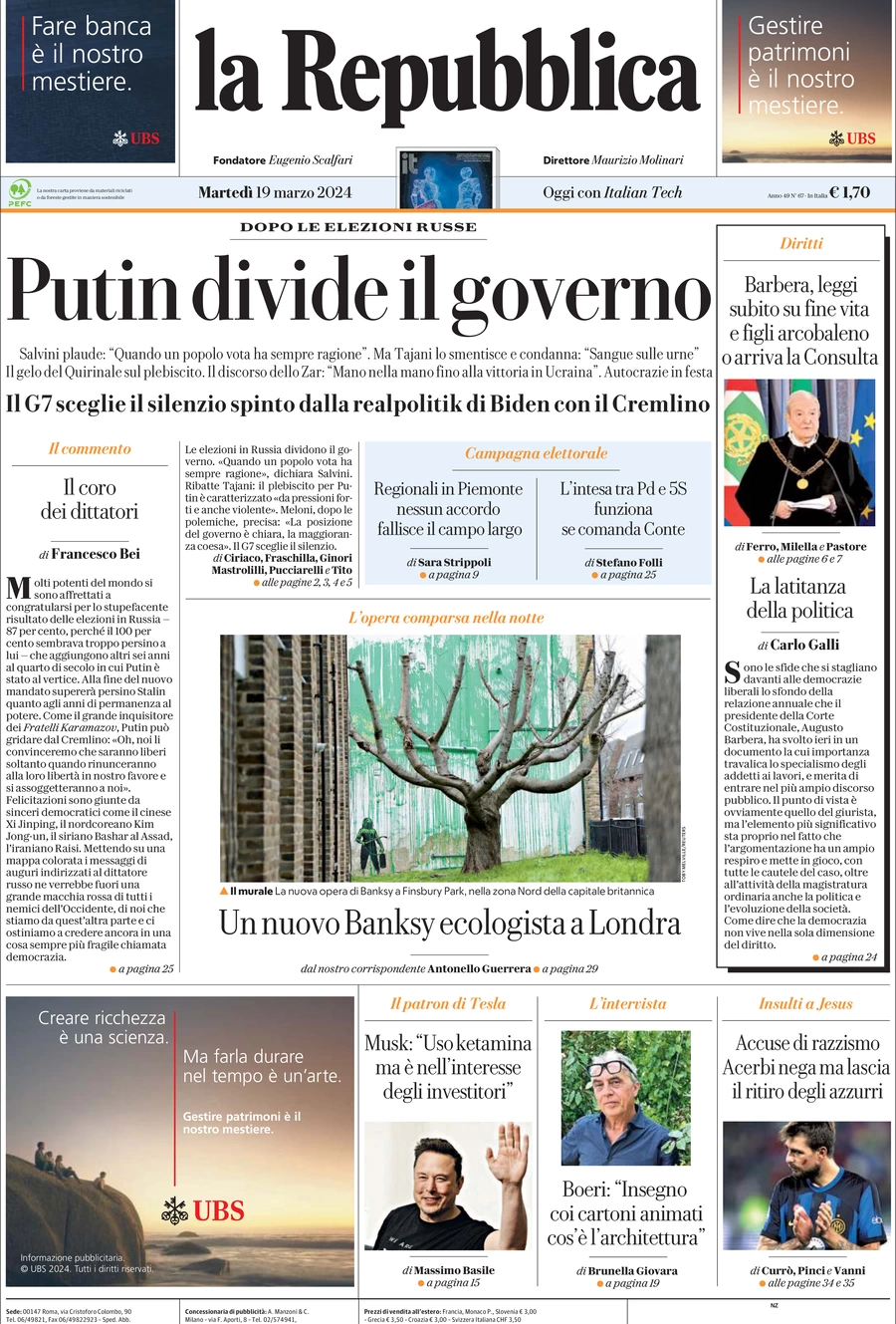 prima pagina - La Repubblica del 19/03/2024