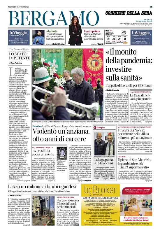 anteprima della prima pagina di corriere-della-sera-bergamo del 19/03/2024