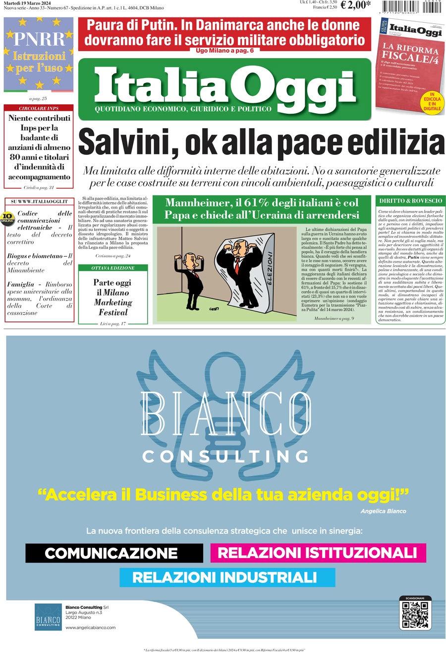 prima pagina - ItaliaOggi del 19/03/2024