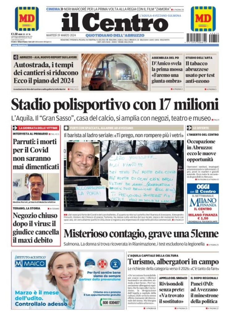 prima pagina - Il Centro (L'Aquila) del 19/03/2024