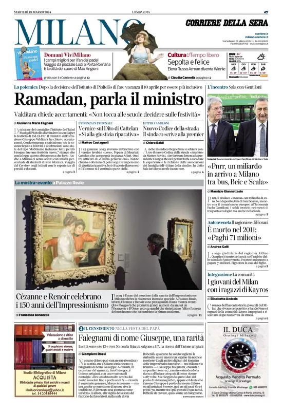 anteprima della prima pagina di corriere-della-sera-milano del 19/03/2024