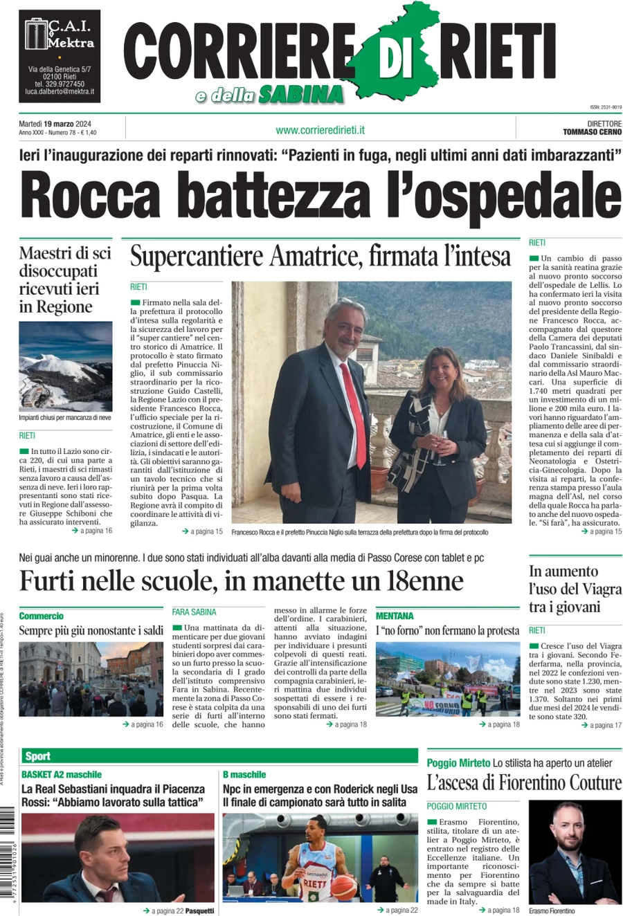 anteprima della prima pagina di corriere-di-rieti-e-della-sabina del 19/03/2024