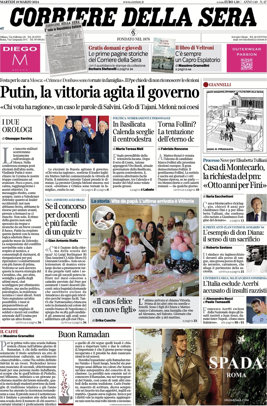 prima pagina - Corriere della Sera del 19/03/2024