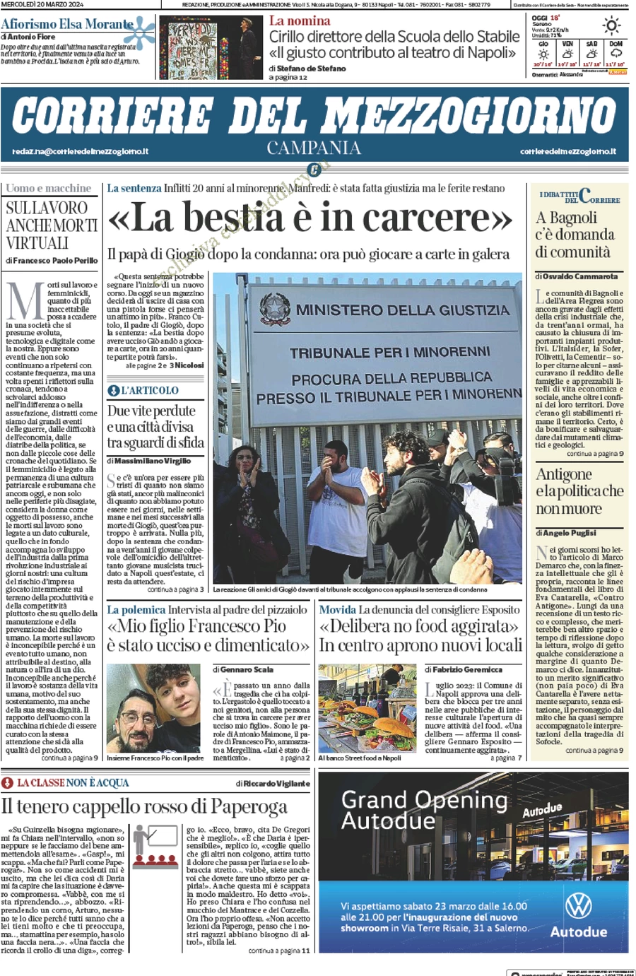 anteprima della prima pagina di corriere-del-mezzogiorno-campania del 20/03/2024