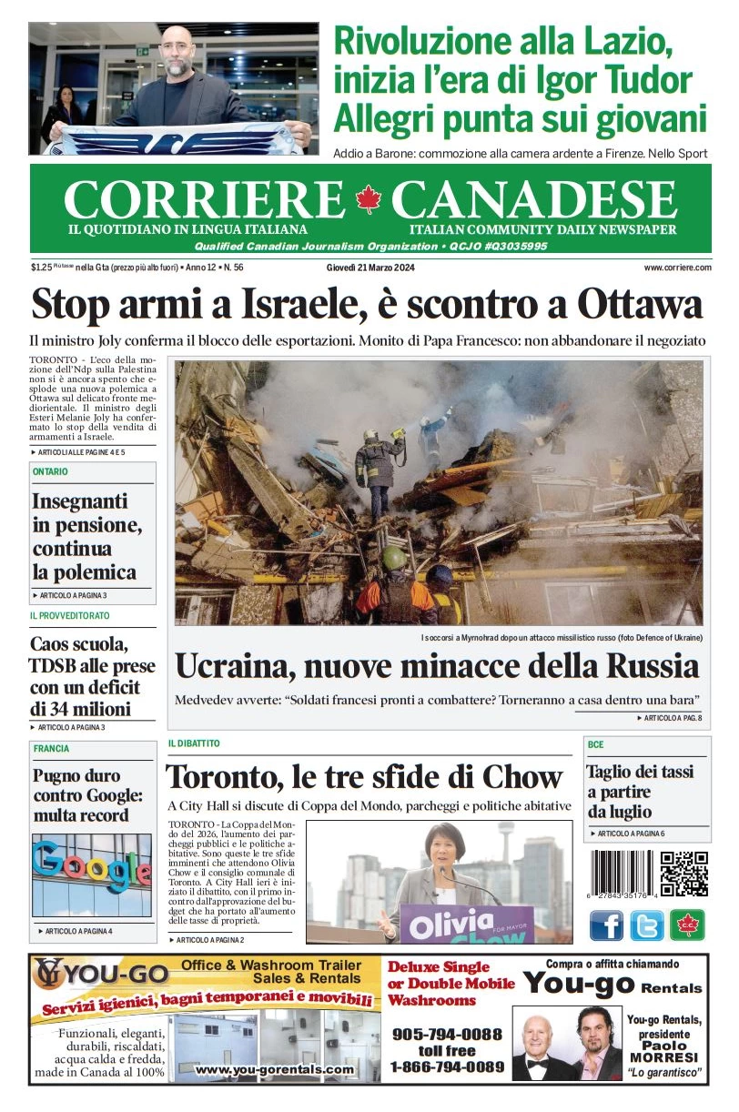 anteprima della prima pagina di corriere-canadese del 20/03/2024
