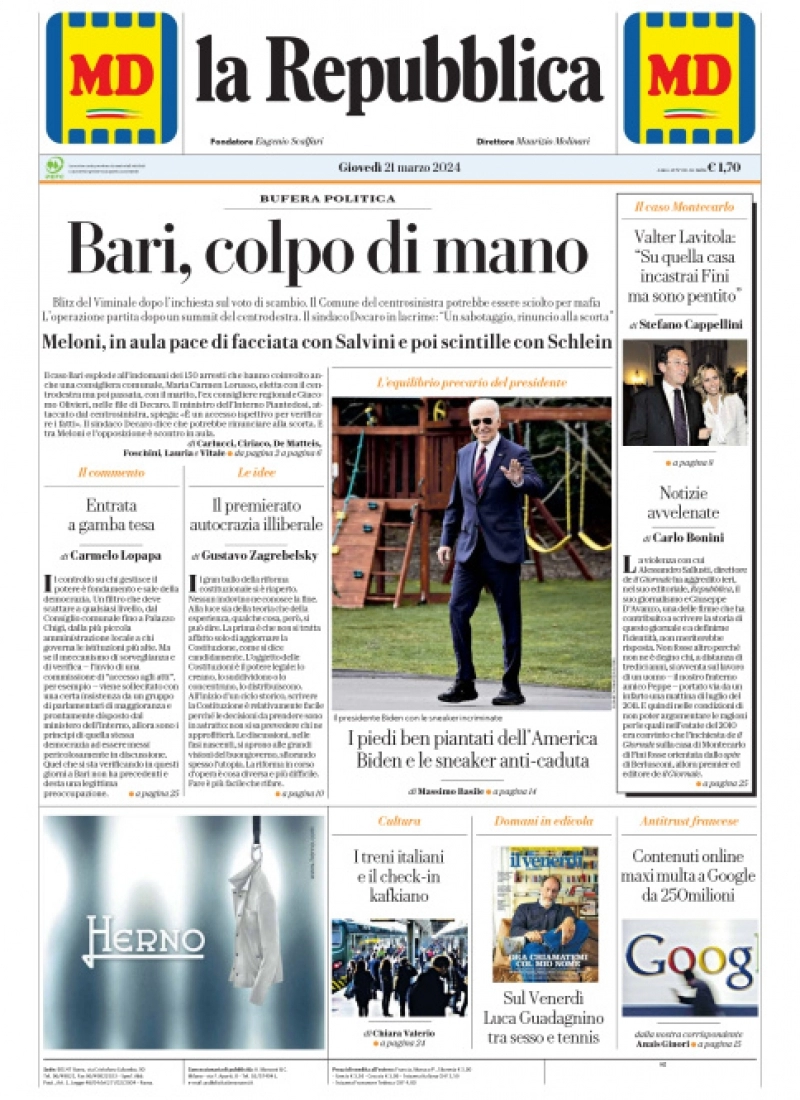 prima pagina - La Repubblica del 20/03/2024