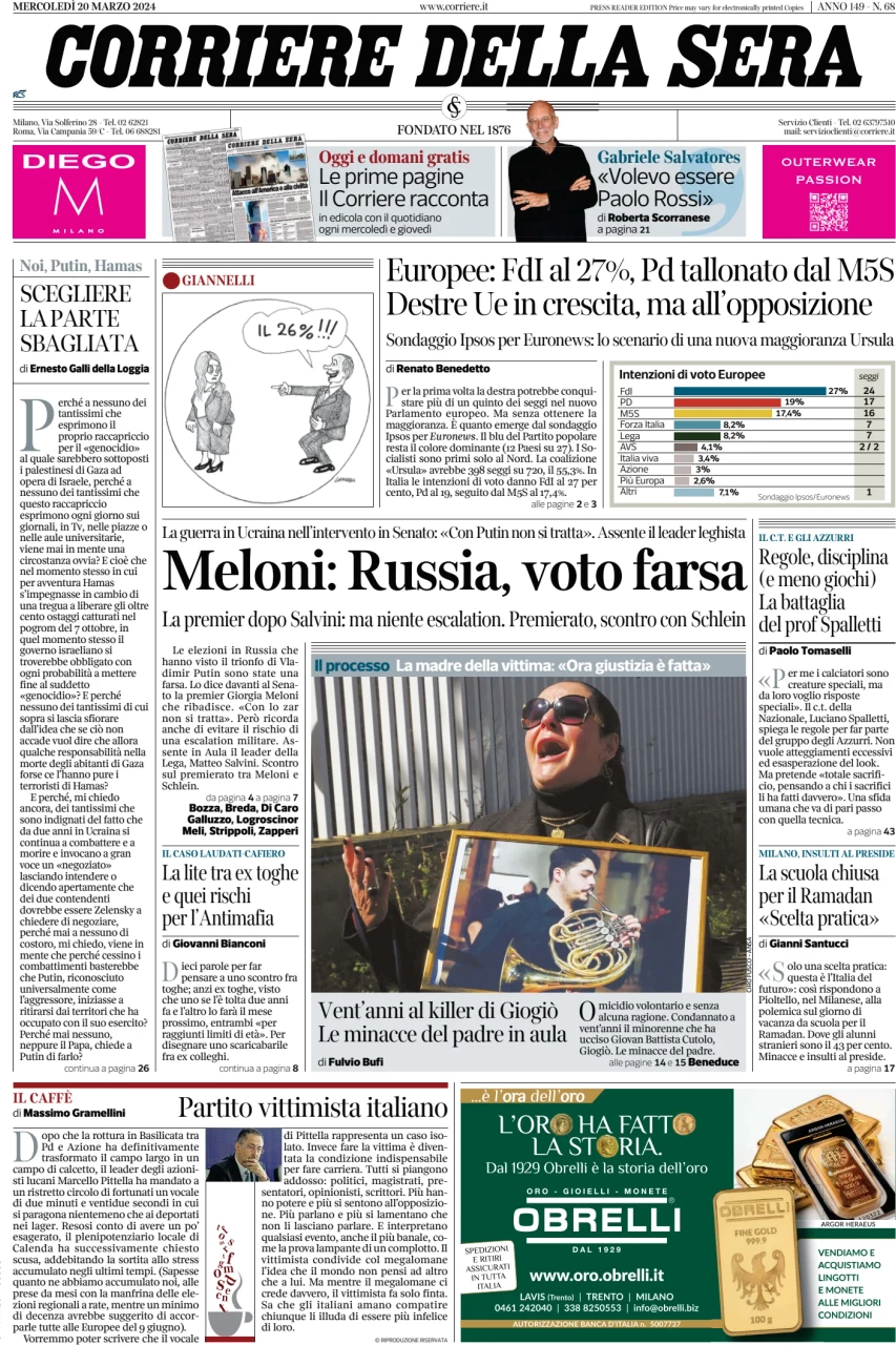 prima pagina - Corriere della Sera del 20/03/2024