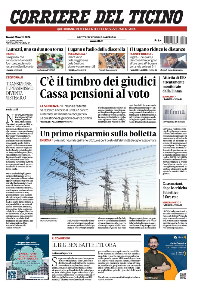 prima pagina - Corriere del Ticino del 20/03/2024