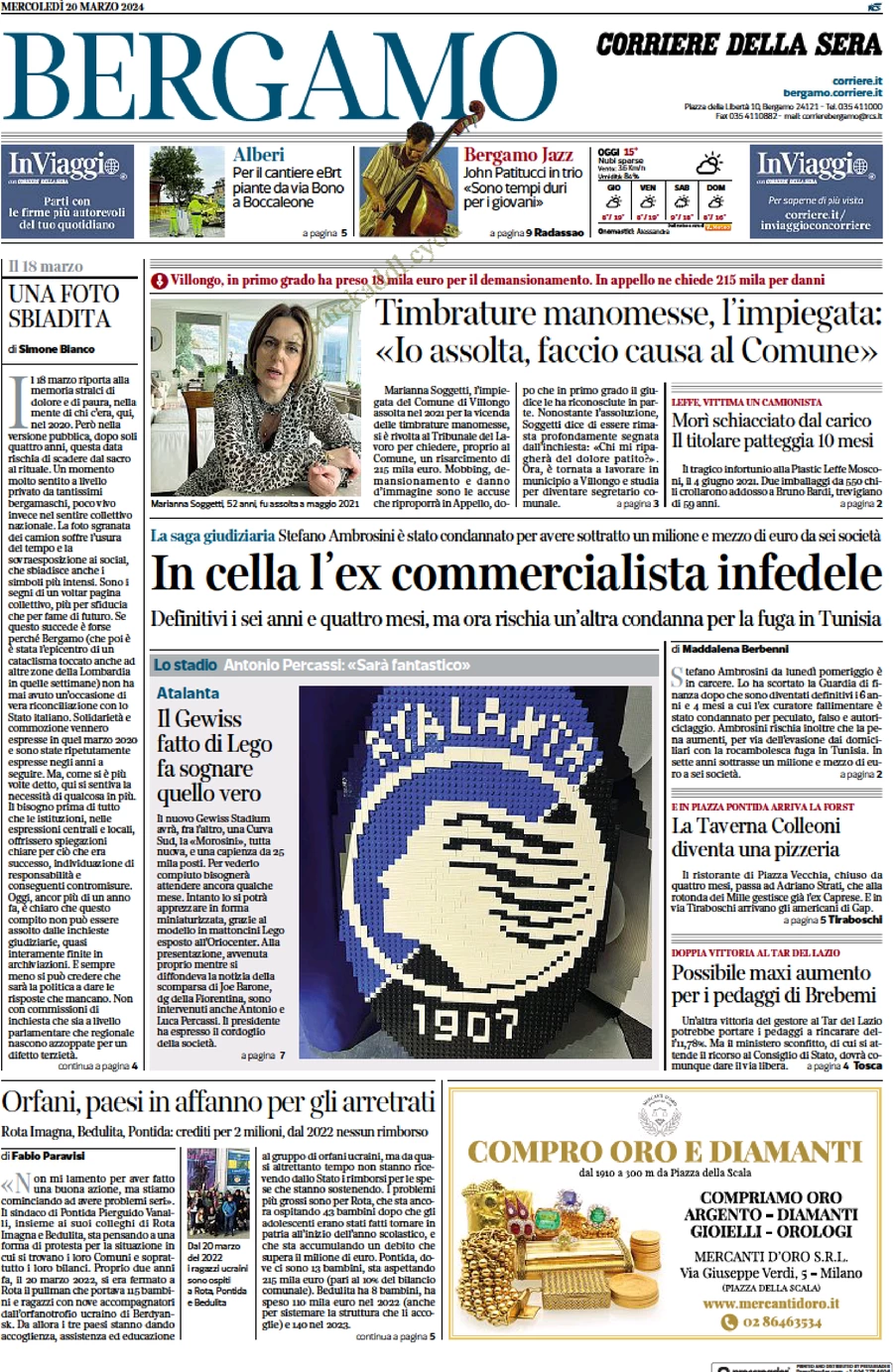 anteprima della prima pagina di corriere-della-sera-bergamo del 20/03/2024