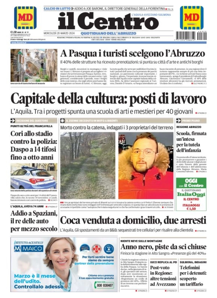 prima pagina - Il Centro (L'Aquila) del 20/03/2024