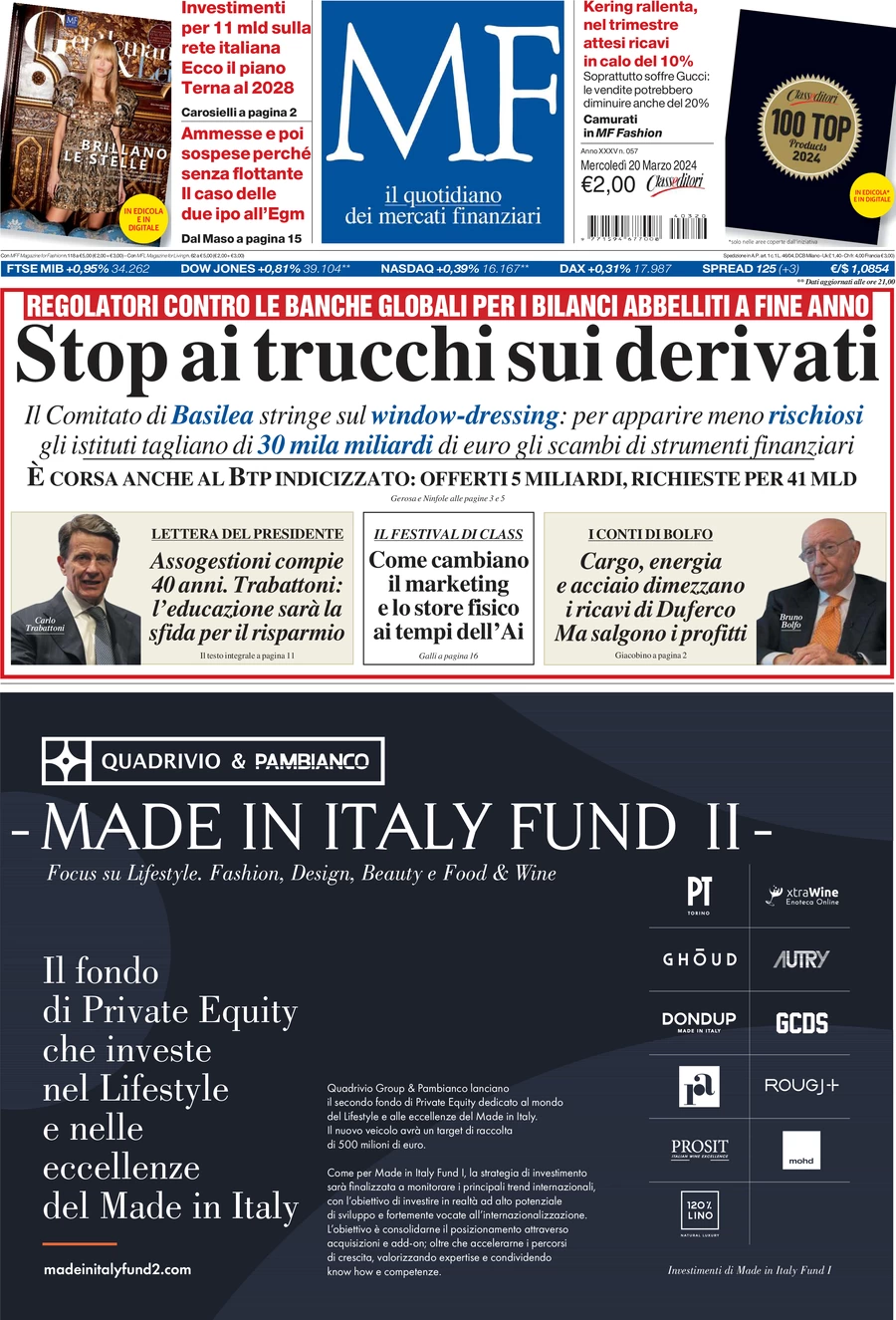 prima pagina - MF Milano Finanza del 20/03/2024