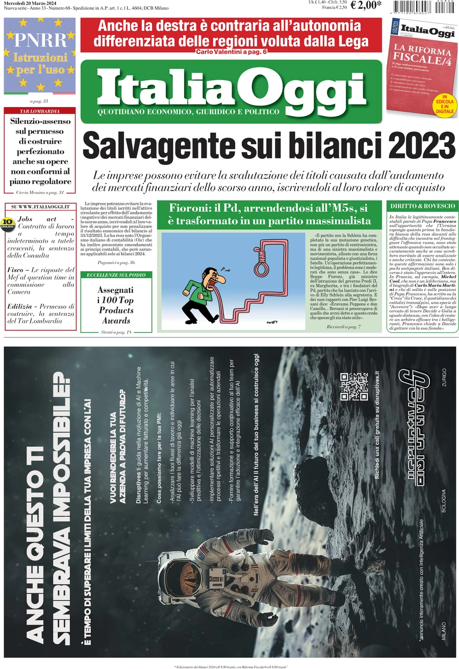 prima pagina - ItaliaOggi del 20/03/2024