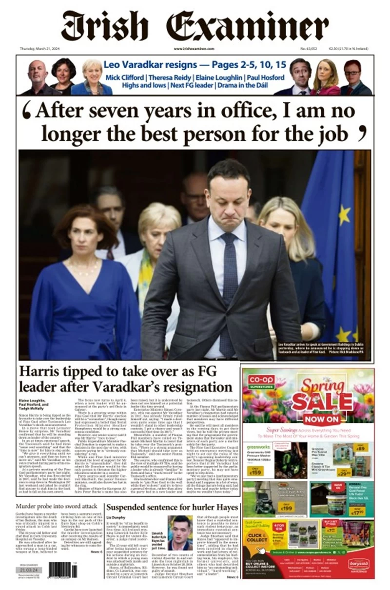 Anteprima prima pagina della rasegna stampa di ieri 2024-03-21 - irish-examiner/