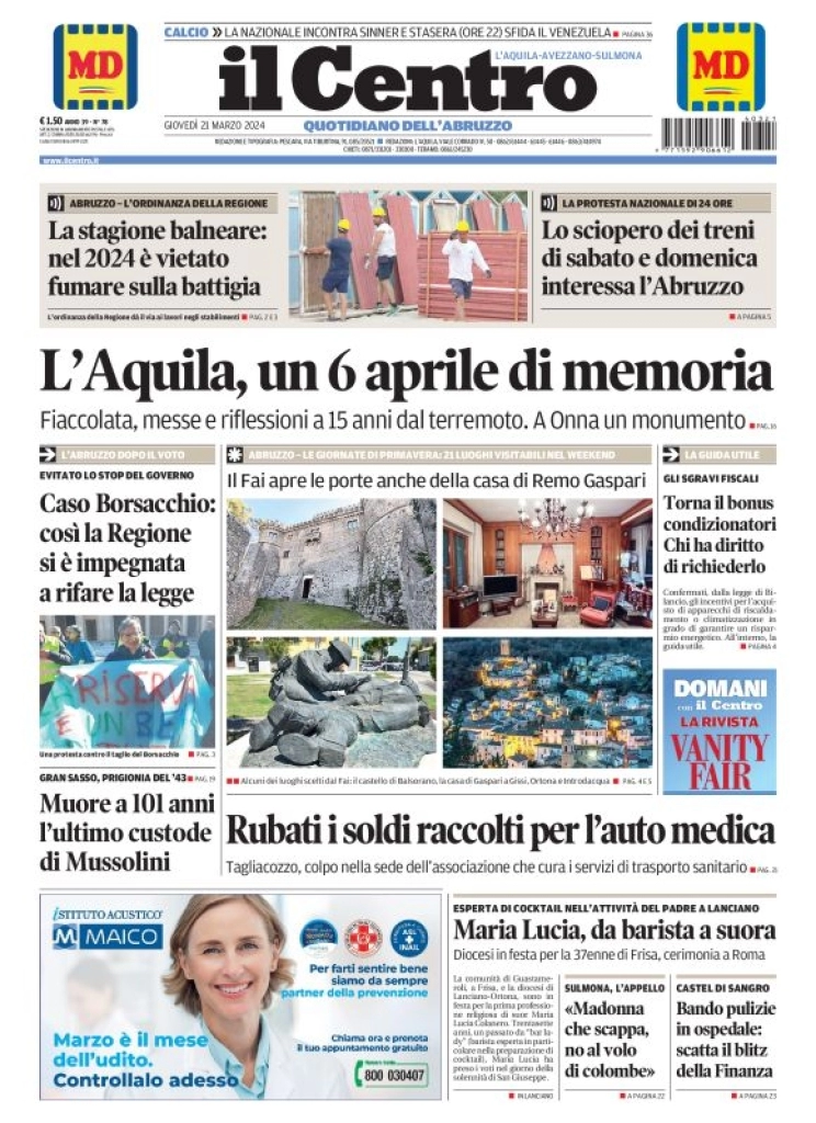 prima pagina - Il Centro (L'Aquila) del 21/03/2024
